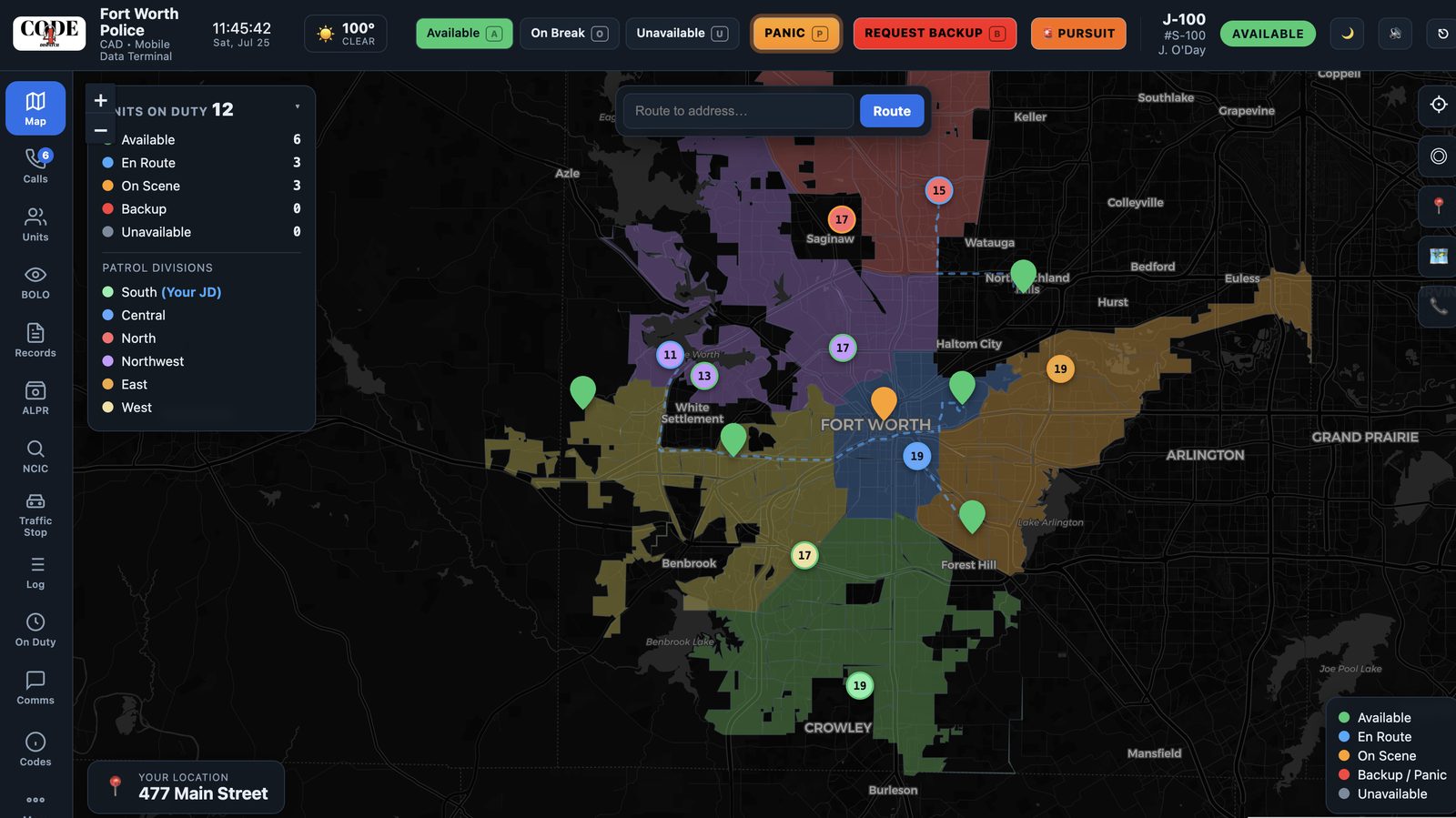 CODE4 Dispatch live map — Fort Worth patrol divisions and on-duty units