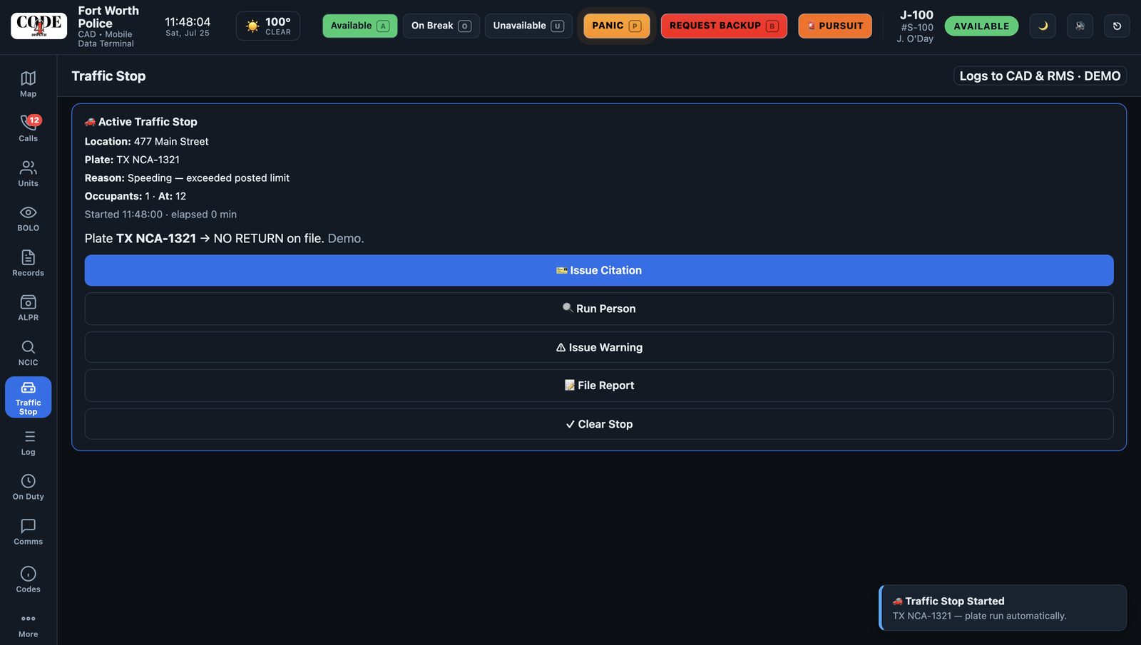 CODE4 Dispatch in-car MDT — active traffic stop with one-tap citation, lookup, and warning